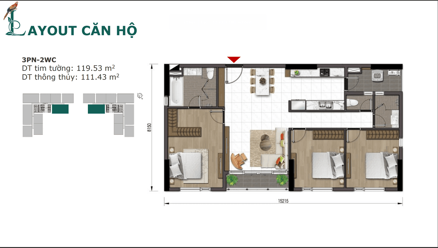 Layout thiết kế căn hộ 3 PN Essensia Sky